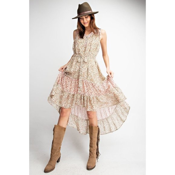 Easel Brand. Dress. Hi/Low. Beige/Floral Print. Sizes Small, Medium & Large. NWT - Picture 2 of 4